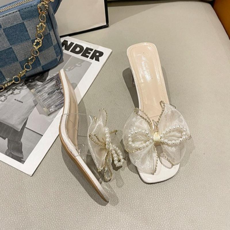 Ciabatte da Donna con Tacco Alto Ciabatte Mules con Fiocco a Farfalla e Perle Ciabatte Trasparenti in PVC con Tacco Alto per Donna Tacchi Alti a Punta Quadrata