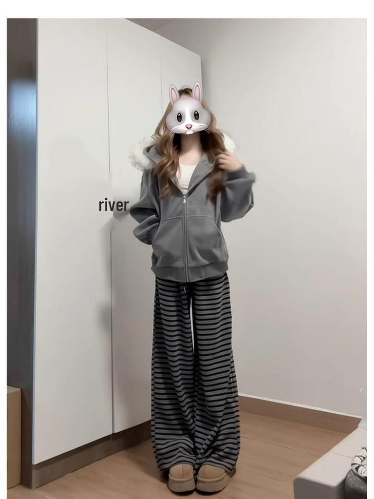 145 Striped Sticky Rice Pants for Women - Autumn/Winter 2026 Collection - Short Height, Thickened Casual Pants for a Visually Taller Look