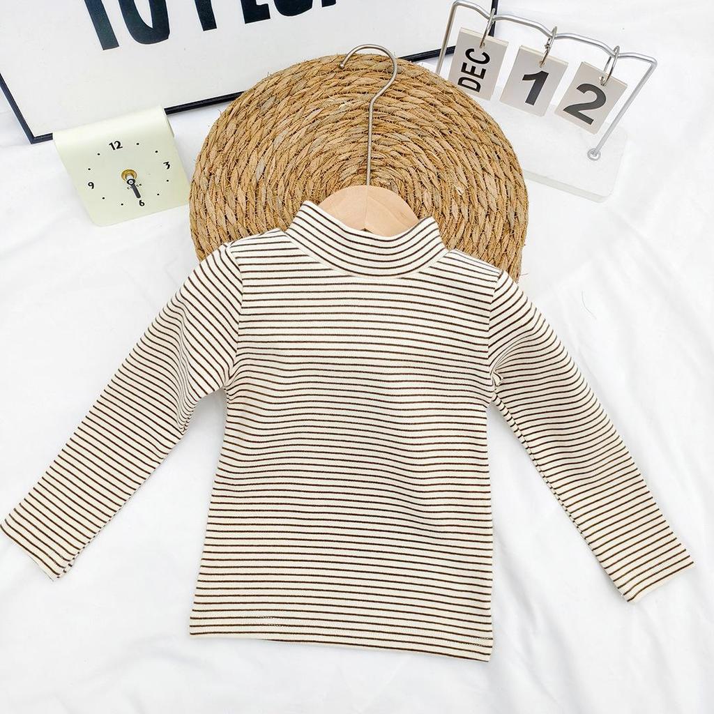 Kids' and Parents' Striped Long Sleeve T-shirt - Semi-High Collar Elastic Layer for Autumn/Winter