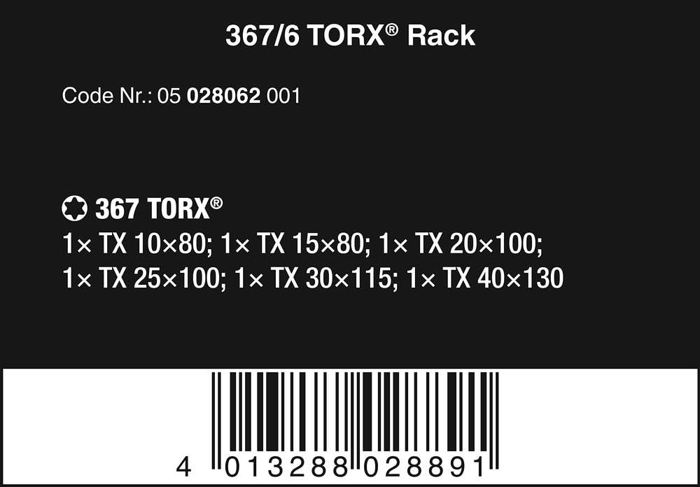 Wera 05028062001 Torx Screwdriver Set with Rack 367/6 (6-Piece Set)