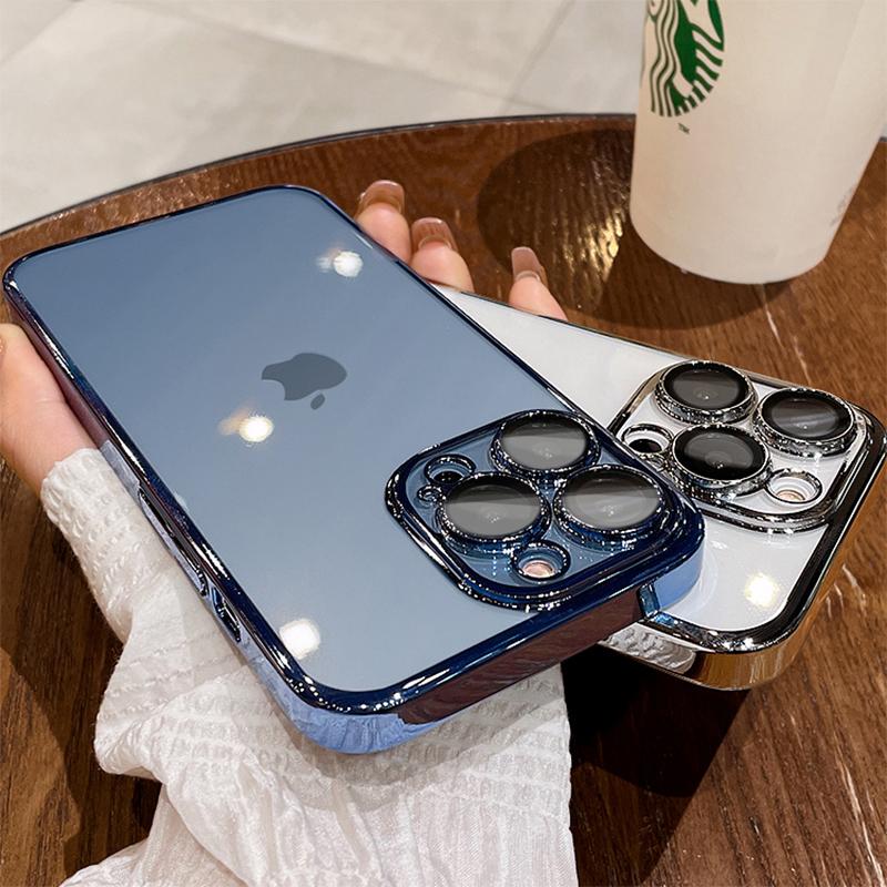 Luxury Plating Clear Case For iPhone 15 13 12 11 14 Pro Max Mini X XR XS 7 8 14 15 Plus SE Cover With Lens Protector Accessories