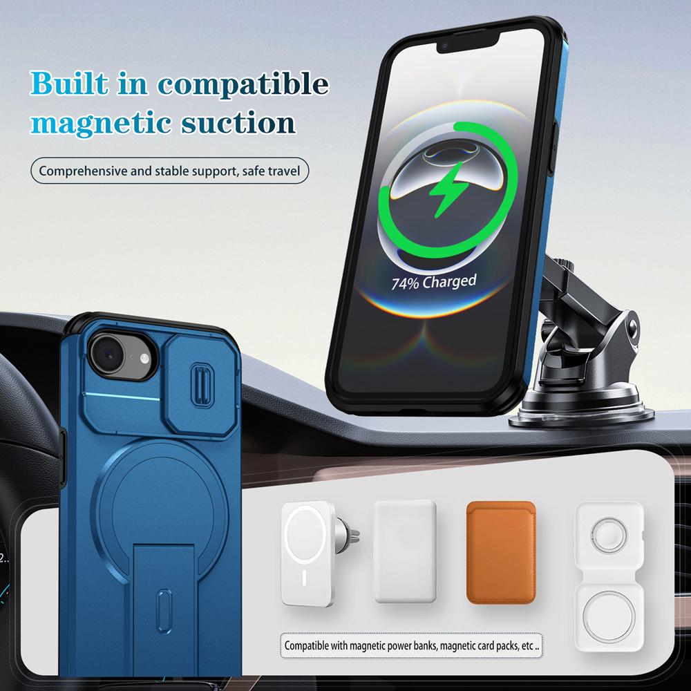 KEYSION Shockproof Armor Magnetic Case for iPhone 16e Silicone+PC Slide Camera Protect Kickstand Wireless Charging Phone Cover