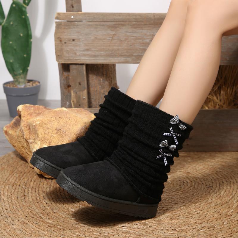 Brand Design Wrinkled Stacked Snow Boots Women 2025 Winter Sweet Bowknot Decoration Booties Warm Short Plush Mid Calf Boots