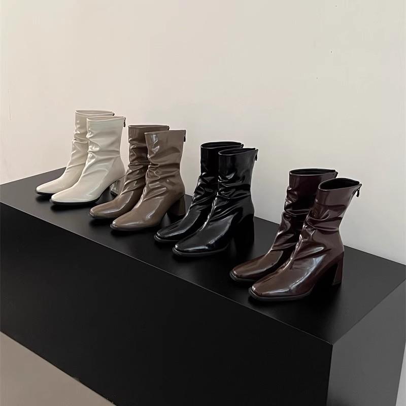 2025 new spring and autumn square head thick heel temperament French high heel elastic thin boots British style pleated stacking boots women