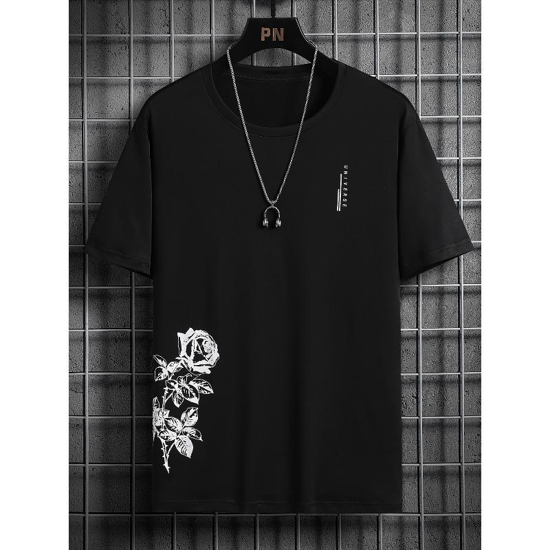 

European sizes MBDMBD Men s Short Sleeve T-Shirt with Rose Print - Casual Round Neck Summer Blouse | Machine-Washable Rose Flower T-Shirt S чёрный
