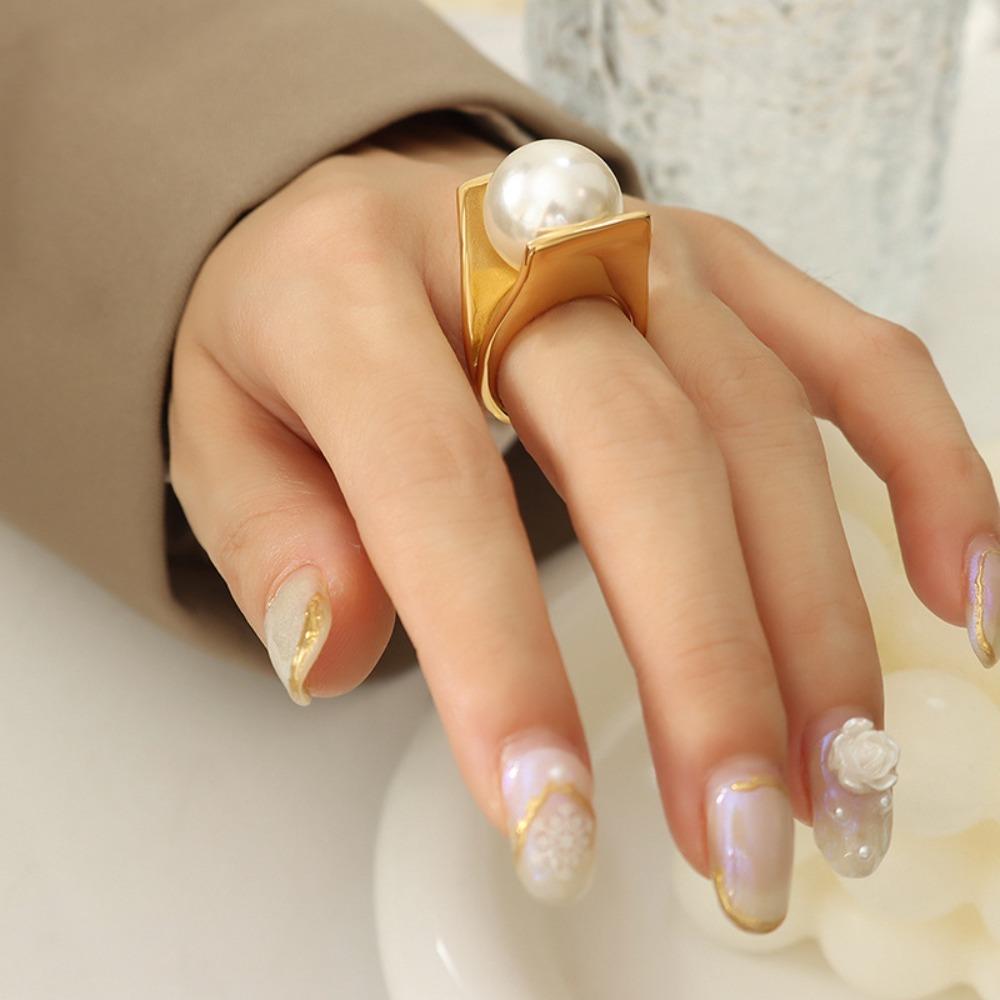 French Exaggerated Personality Geometry Imitation Pearl Stainless Steel Ring for Women Does Not Fade Finger Jewelry Accessory