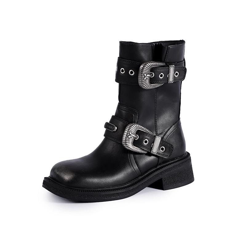 Zhao Zhaoyi~ White Deer~ The same 2025 new square head mid-tube boots Merad locomotive boots mid-heel western cowboy boots