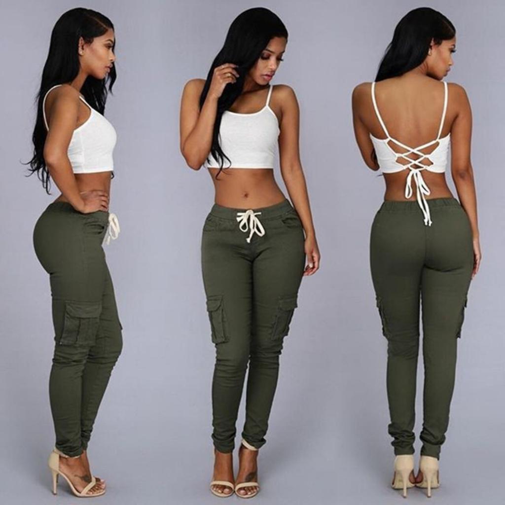 Damen Mid-Rise Tunnelzug Skinny Hosen Schmal Geschnittene Bleistifthosen Streetwear Lässige Lange Hosen