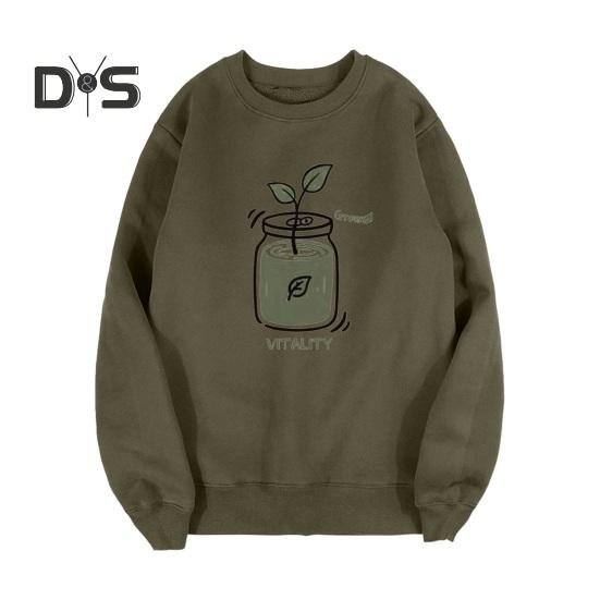 Осень-зима мужской топ с круглым вырезом, свободный, чистый цвет, растительный принт, эластичные манжеты, пуловер средней длины, спортивная повседневная одежда, школьная толстовка L зелёный