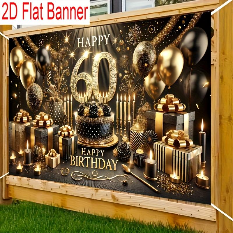 2D Flat Banner, 1 Piece, 60th Birthday Party Banner - Black and Gold Theme Polyester Banner