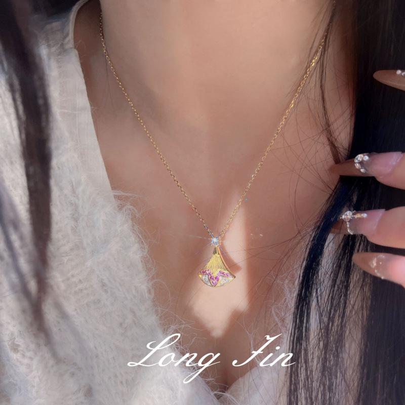 Italian Brushed Small Skirt Necklace Female Fan Shape Gradual Change Pink Diamond Stud Earrings Pendant Set Real Gold Plating