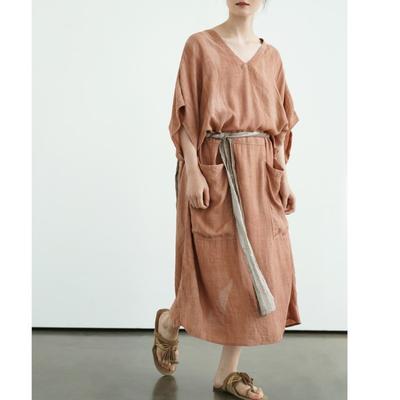 Women Vintage Dress V-Neck Half Sleeve Loose Solid Color Patchwork Pockets Summer Dress