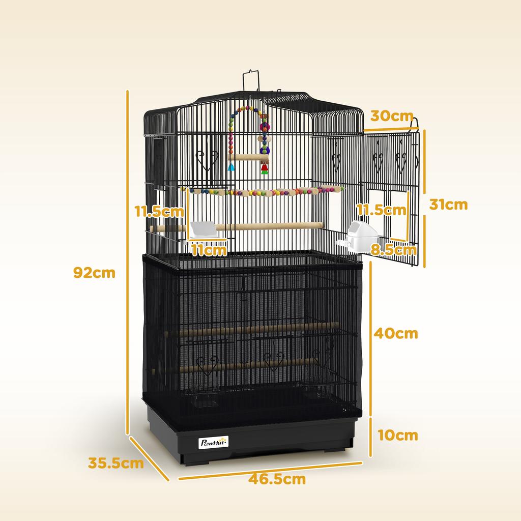 Bird Cage with Handle, Removable Tray, Wooden Perches, Swing and Bowls, 46.5x35.5x92cm, Black