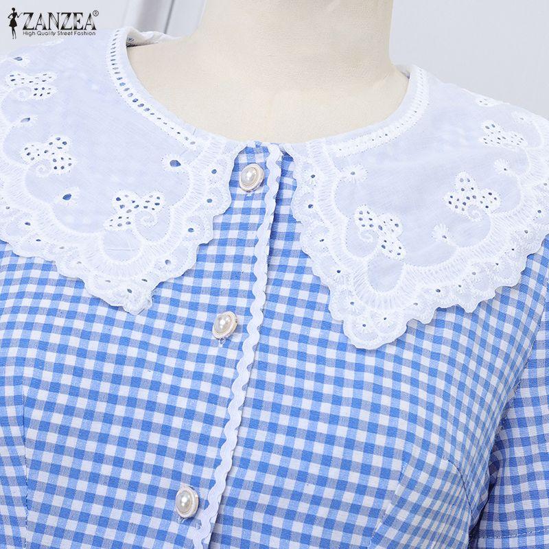 ZANZEA Women Casual Lace Splice Doll Collar Short Sleeve Plaid Print Dress