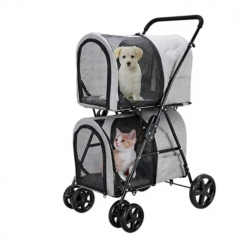 for Large Luxury Designer Double Dog Stroller Foldable 4-Wheel Trolley 4-in-1 Twin Pet Stroller for Dogs and Cats