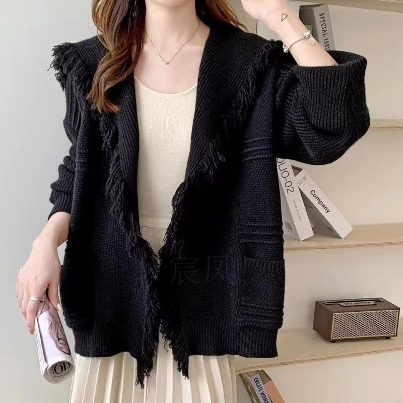 Design Sense Navy Collar Fringed Cape Thickened Sweater Cardigan Women's Autumn and Winter Loose Lazy Style Thin Knitted Jacket