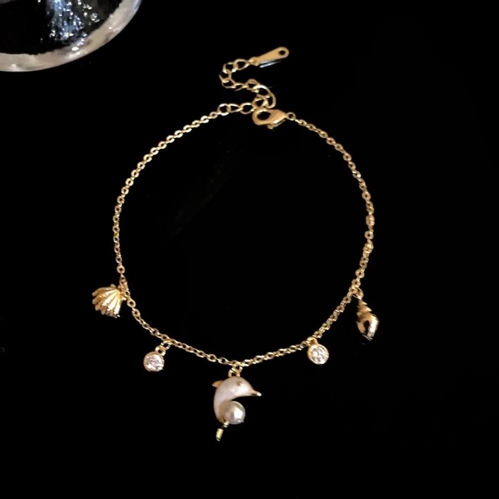 Sea Series Metal Shell Dolphin Bracelet Imitation Pearl Beach Hand Chain  Couple Gift