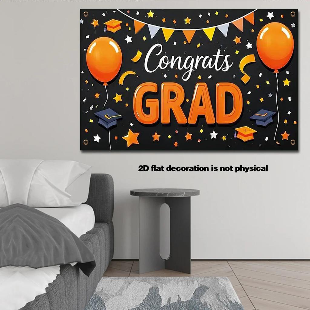 2D plane 1PC Baop graduation banner made of polyester. It has a black background and is decorated with orange balloons.