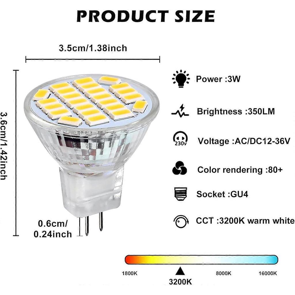 MR11 GU4 LED 3W Positive White 6500K, Non-Dimmable, GU4 LED Spotlight Bulb, 350LM, AC/DC 12V, 120 Beam Angle, 6-Pack
