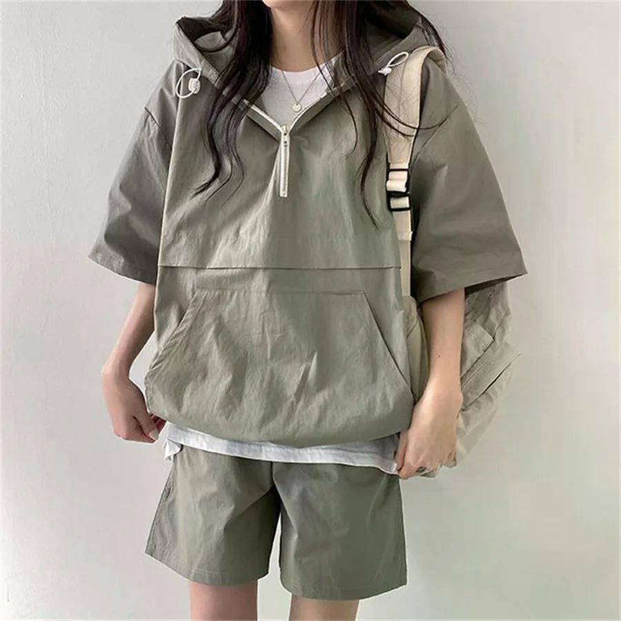 Women's 2 Pieces Sets Sweat Suit Summer Shorts T-shirt Hooded Loose Sports Tracksuit Training Bottom Suit Korean Style