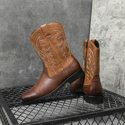 Western Cowboy Boots Embroidered Leather Shoes Men's High Top English Style Riding Boots Comfy Slip On Male Casual Leather Shoes