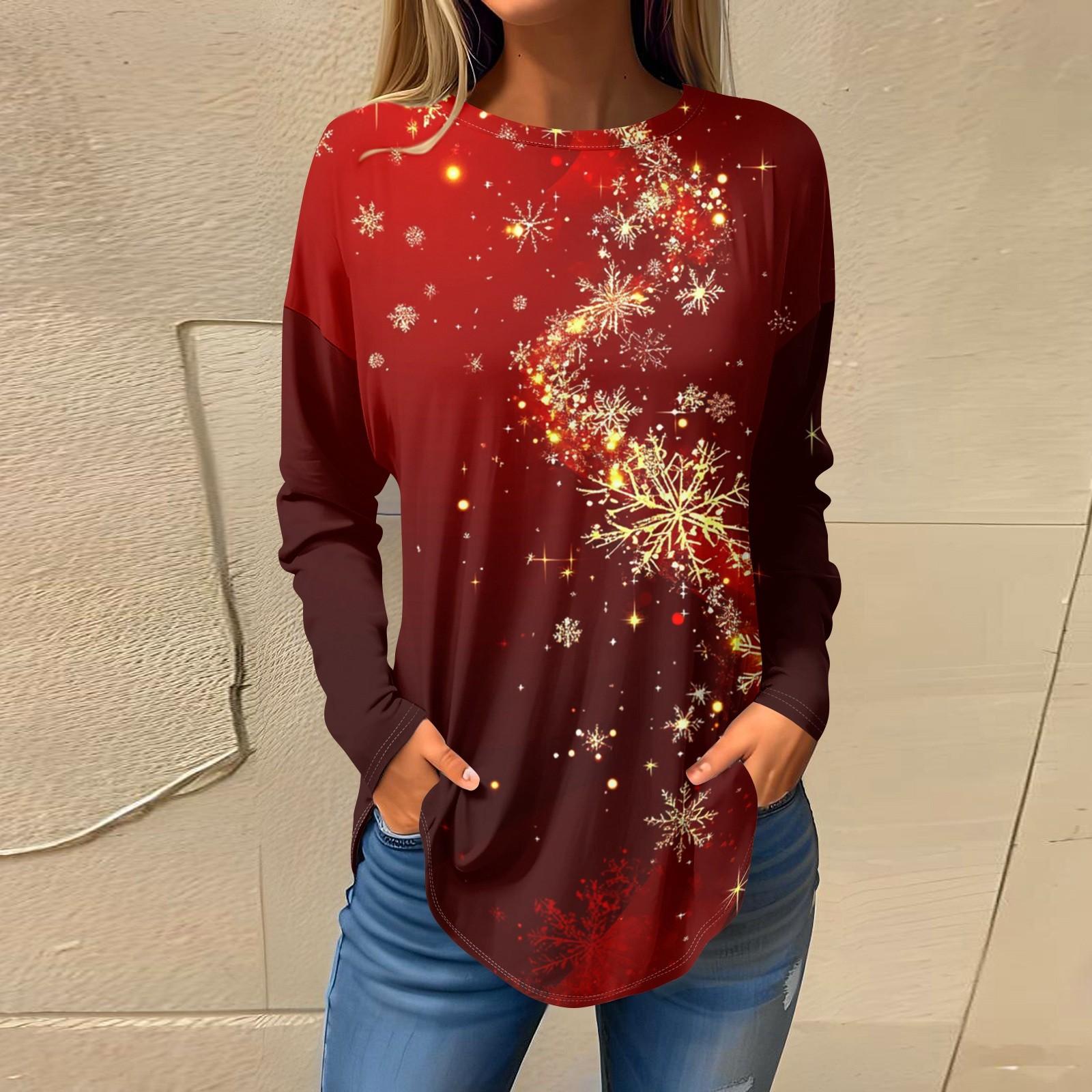 

Футболки для женщин, осенние повседневные рубашки с длинным рукавом, толстовки с винтажным графическим принтом, топы, пуловеры, рождественские XXXL красный