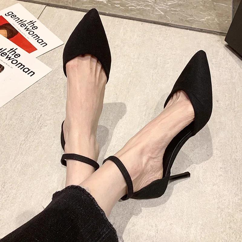 Fashion Spring and Autumn High Heel Women New FashionThin Heel Professional Pointed Black Buckle Strap Single Shoe Women Zapatos Mujer