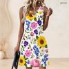 Women Plus Size Sleeveless Round Neck Ring Keyhole White Floral Printed A Line Dress