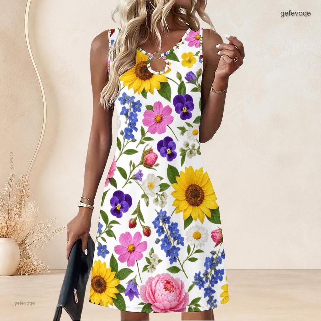 Women Plus Size Sleeveless Round Neck Ring Keyhole White Floral Printed A Line Dress