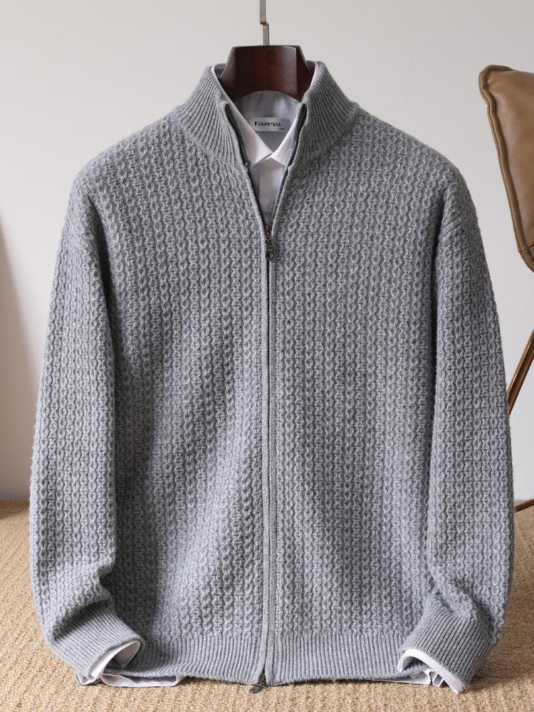 Men's 100% Pure Wool Thickened Half-High Collar Zipper Cardigan Sweater for Autumn/Winter