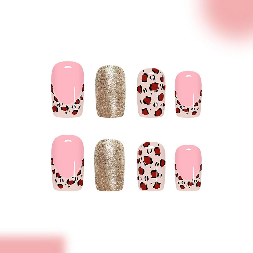 Leopard Print French Tip Press on Nails Medium Square Fake Nails with Gold Glitter Designs Acrylic Glue on Nail Pink Glossy False Nails Full Cover