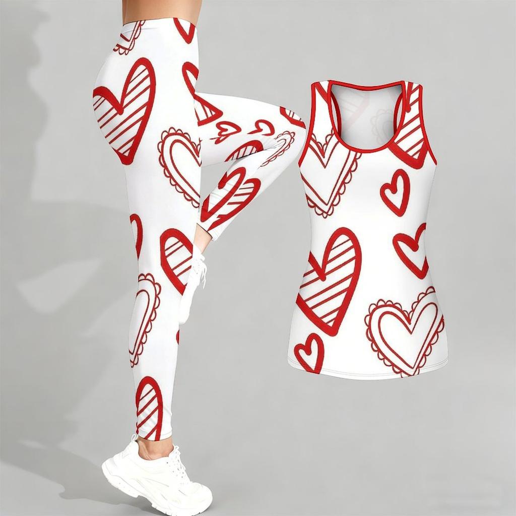 Completo Yoga Stampato a Forma di Cuore per Donna Moda Leggings da Allenamento Fitness Sportivo Set Yoga Casual Tuta Sportiva Esclusiva per San Valentino