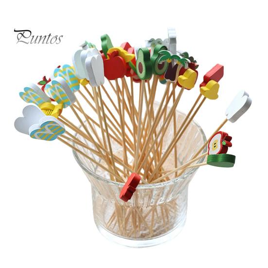 Natural Bamboo Skewers 100PCS Disposable Cocktails Picks, Stick, with Beach Fruits Eco-friendly Food Tags Palm Trees Decoration, Fruit Picks