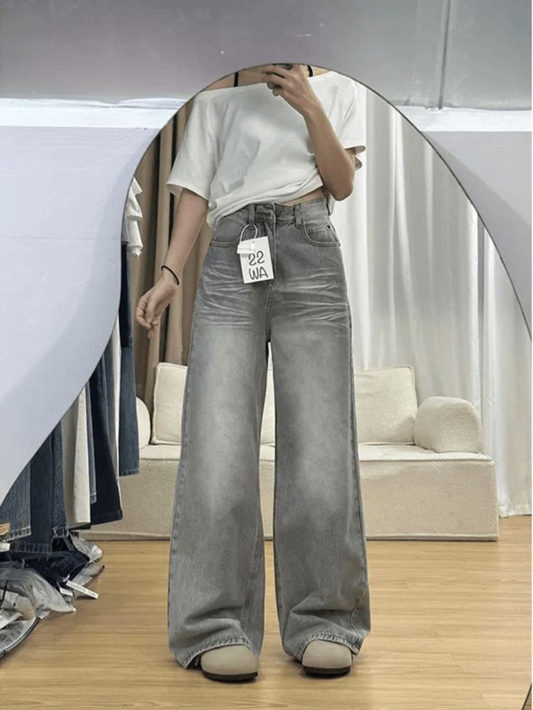 Women's High Waist Grey Denim Pants Wide Leg Loose Fit Casual Fall Trousers
