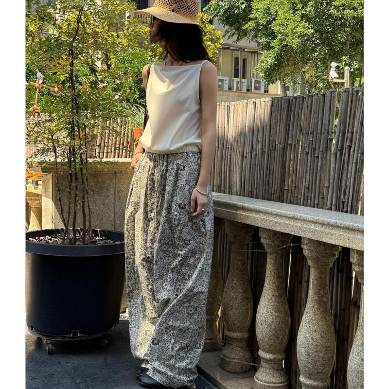 Johnature Bohemian Ethnic Style Cashew Flower Wide-leg Casual Women Pants Summer Long Casual Trousers