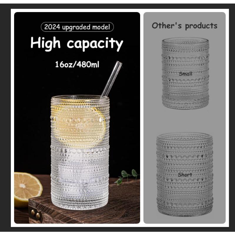 2024 Upgraded Large Capacity 16 oz/480 ml Hobnail Glasses Drinking Set of 12