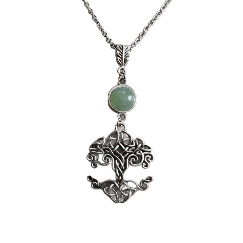 Retro Hollowed-out Tree of Life Celtic Knotwork Crystal Natural Stone Necklace for Women Halloween Party Jewelry Accessory Gifts