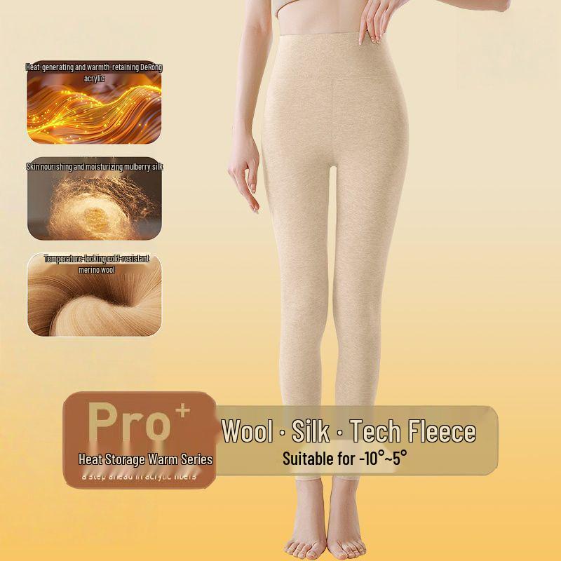 DeRong Wool Silk High-Waisted Thermal Pants - Seamless Self-Heating Base Layer for Women, Thickened for Winter