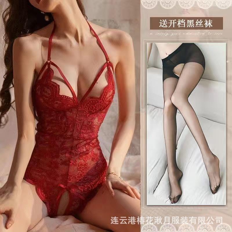 Sexy Female Sexy Backless Perspective Tight Lace Onesie Open Crotch Free of Temptation A99