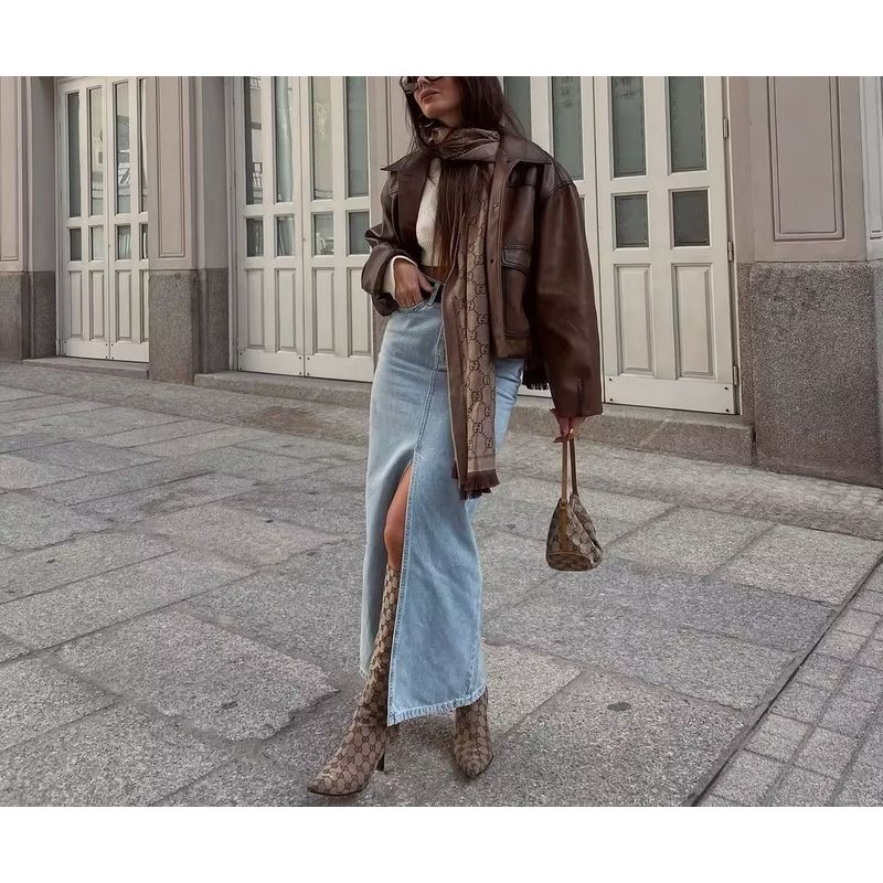 Spring New European and American Retro Ins Casual Loose Cotton Mid-Length Split Design Denim Skirt