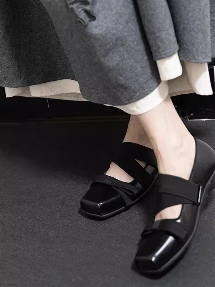 

Soft leather version~ Velcro ballet Mary Jane women s shoes super soft evening shoes flat bottom gentle square head silver single shoes 35 чёрный