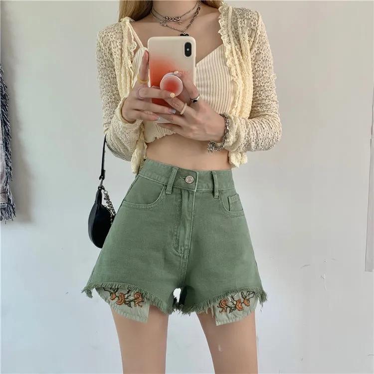 2024 Yaz Yeşil Yüksek Bel Geniş Paça Cepli Nakışlı Denim Şort - Çok Yönlü Büyük Beden