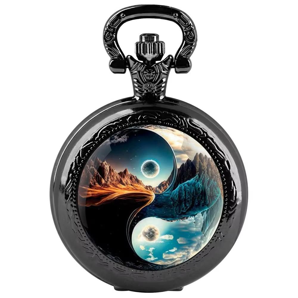 Vintage Retro Schwarz Doppelberg Yinyang Quarz Unisex Herren Damen Taschenuhr Quarz Halskette Anhänger Uhr Kette Lässig Klassisches Zifferblatt Schmuck Geschenk