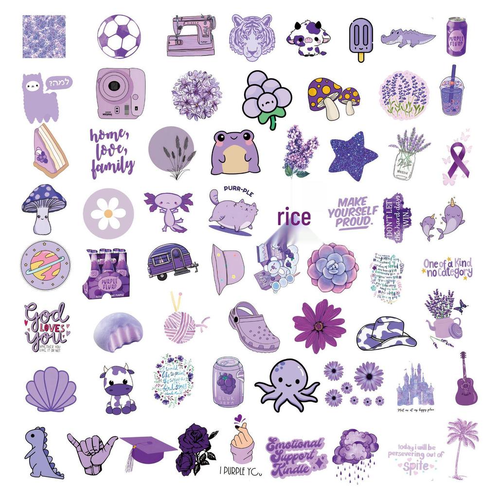 60 Purple Cartoon Stickers: Waterproof Decorations for Stationery, Water Cups, and Computers