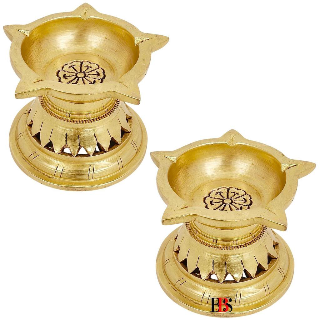 Diya Brass Set of 2 Small Size, Deepak Pooja Aarti Pack of 2, Brass Akhand Diya