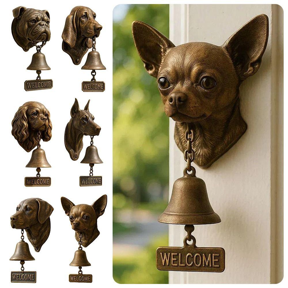 Resin+Metal Welcome Doorbell Loud Ringing Weatherproof Dog-Shaped Chime Bell Hanging Decorations Wall Mount Dinner Bell Cottage