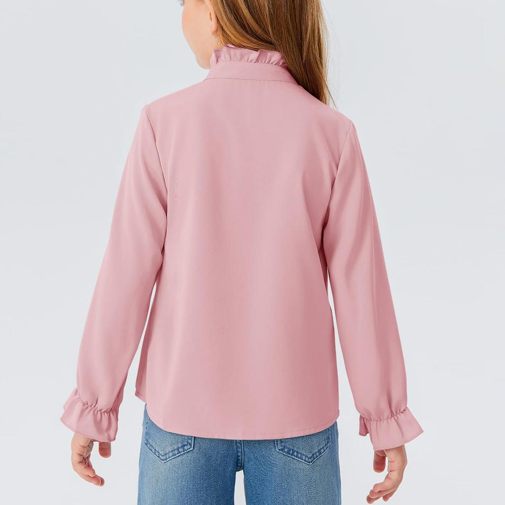 Girls' Ruffled Blouse - Solid Color Stand Collar Shirt
