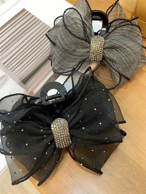 1 Women's Summer New Rhine-mesh Bow Grab Clip Back Head Disc Hair Clip Large Shark Clip Temperament Hair Clip Headpiece
