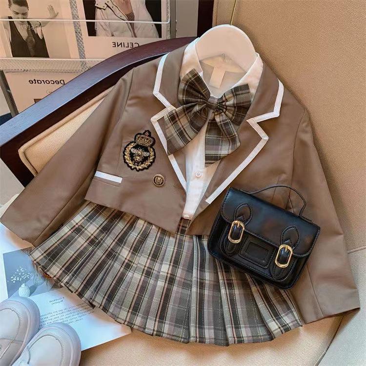 Traje de uniforme clásico de estilo universitario para niñas, primavera y otoño, camisa, abrigo, falda plisada, conjunto para niñas Jk
