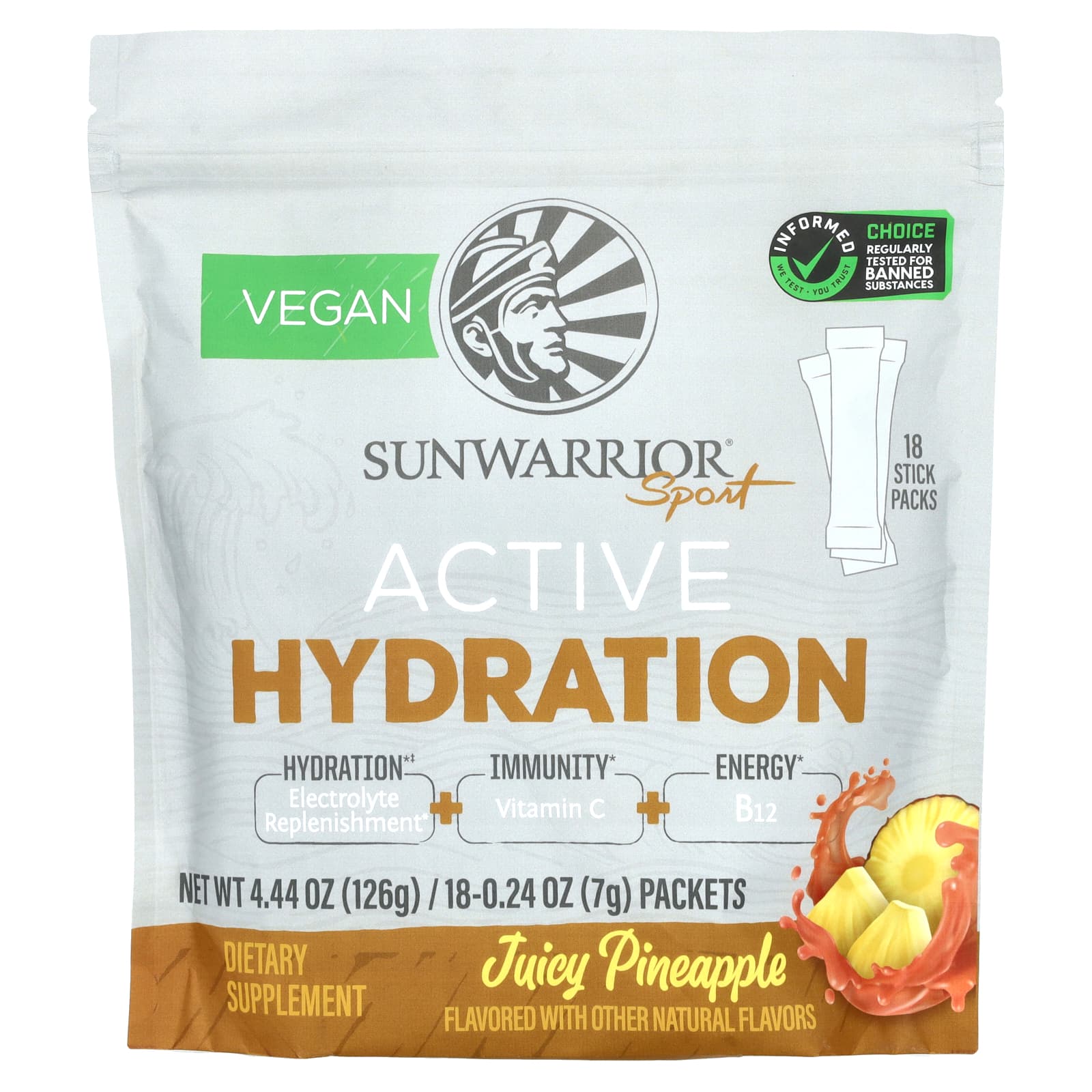 

Sunwarrior, Sport, Active Hydration, Juicy Pineapple, 18 packs, 7 g (0.24 oz) each